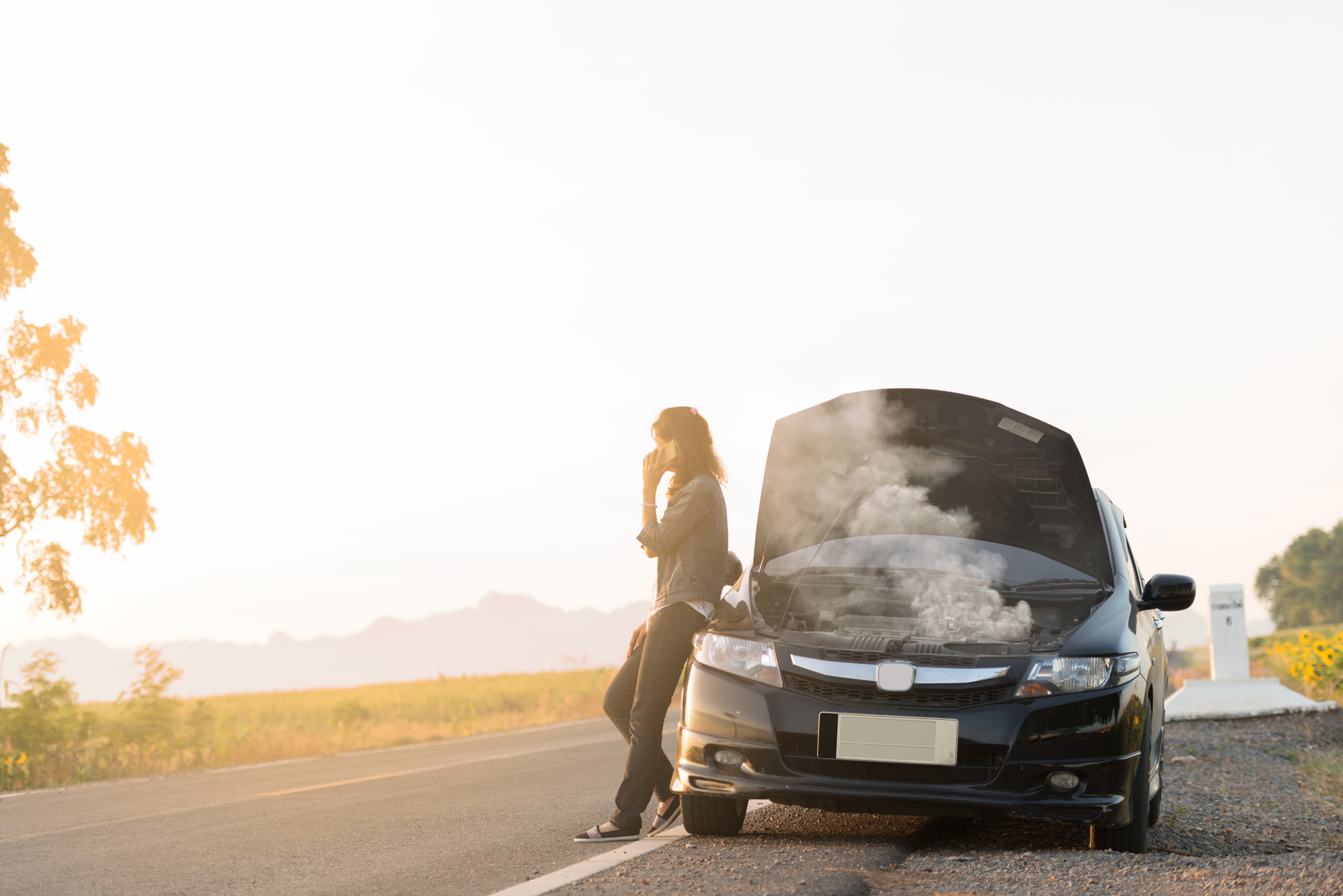 a woman stands next to a broken down car with the hood open